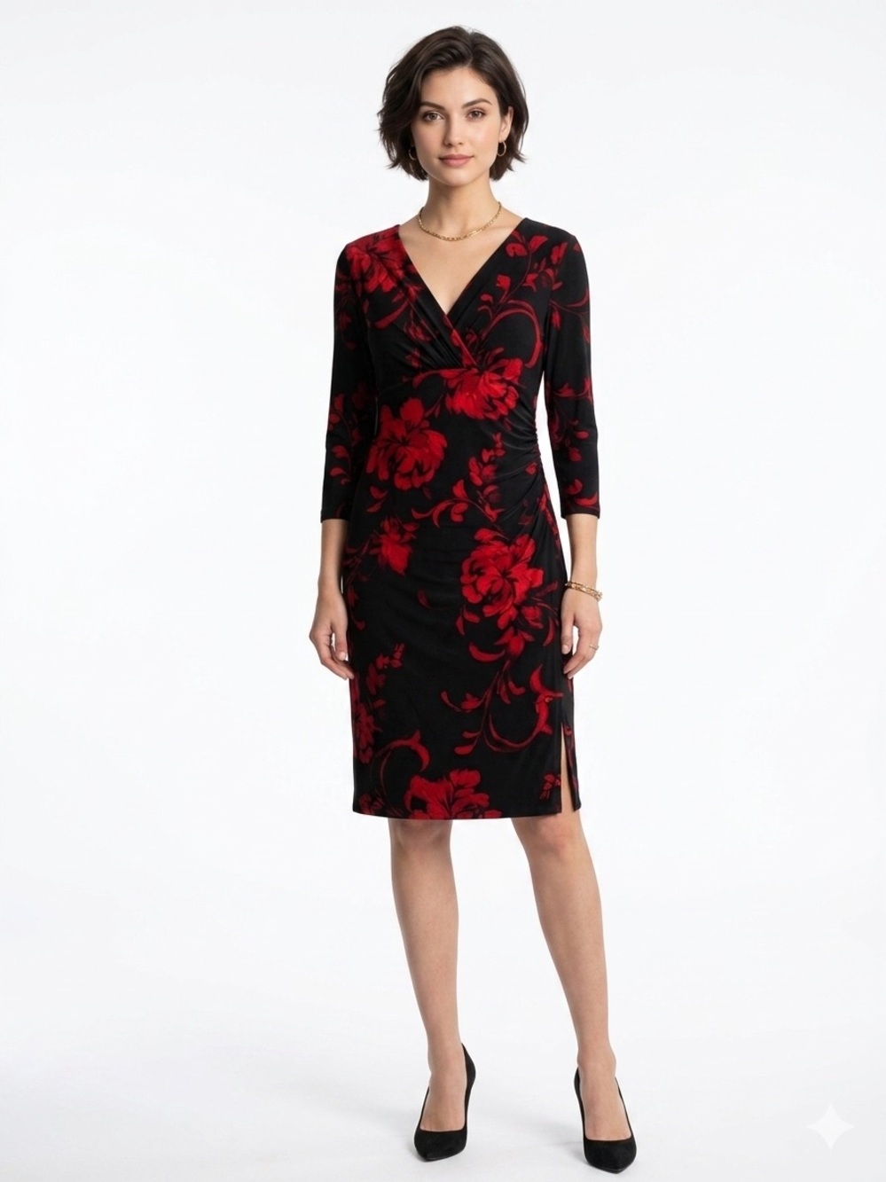 Lauren Ralph Lauren Dress Women 10 Black Red Floral Faux Wrap Midi cocktail chic